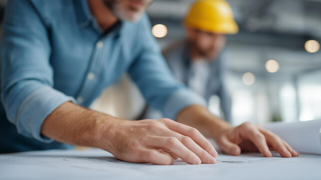 Design team analyzing architectural layouts in an office, smart infrastructure design, engineering innovation in blueprint review, construction technology in planning, sustainable - Powered by Adobe