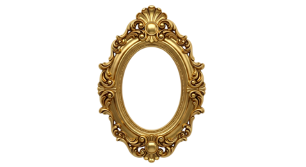 Ornate oval gold picture frame, with decorative scrolling and shell motif, isolated on white or transparent background, AI