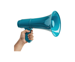 Hand Holding Blue Megaphone. Communication And Public Announcement Concept. Isolated On Transparent Background
