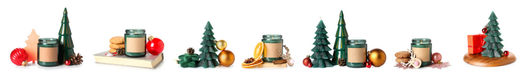 Set of Christmas candles and decorations on white background