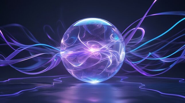 Glowing orb with swirling energy strands in shades of purple and blue on a dark reflective surface