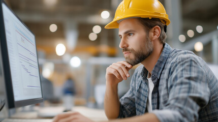 Worker analyzing project timelines on a monitor, smart infrastructure scheduling, engineering innovation in data analysis, construction technology oversight, sustainable design tim