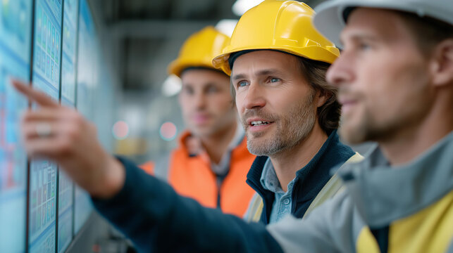 Team of engineers with safety gear analyzing a large digital panel, smart infrastructure solutions, engineering innovation in industrial settings, construction technology collabora