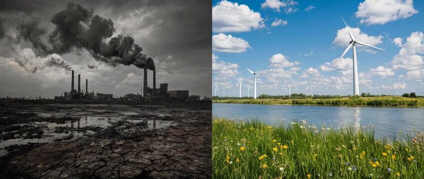 A powerful split-screen animation showing the transformation from a polluted landscape to a clean, healthy one. A strong message of hope and environmental action.