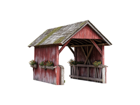 Rustic Red Wooden Garden Archway With Flower Boxes. Charming Outdoor Decor. Isolated On Transparent Background