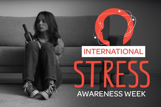 Sad young woman with bottles of alcohol sitting at home. International Stress Awareness Week