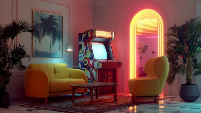 Retro neon arcade room with sofa and plants