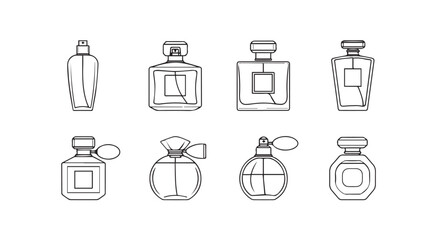 Collection of elegant perfume bottles in a clean sketch style for design and advertising vector