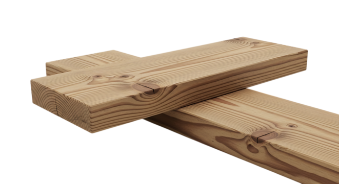 Two light brown wooden planks, with visible grain and knots, isolated on white or transparent background. PNG