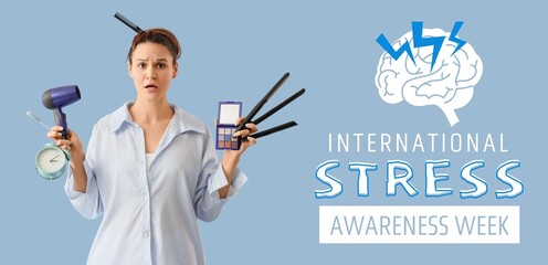 Hurrying young woman in pajamas and with lot of things on blue background. International Stress...