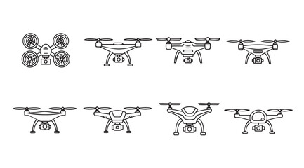 Collection of hand drawn drone icons featuring multiple angles and designs for aerial photography and surveillance vector