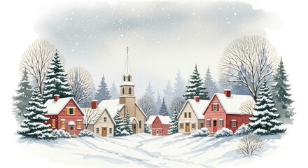 Fototapeta premium Watercolor Winter Village Scene with Church and Snow-Covered Houses