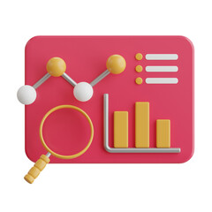 Red digital dashboard showing financial analytics with yellow magnifying glass and bar chart in a 3d render illustration with transparent background