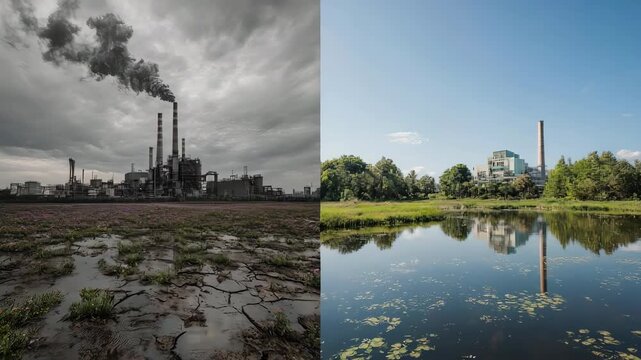 A powerful split-screen animation showing the transformation from a polluted landscape to a clean, healthy one. A strong message of hope and environmental action.