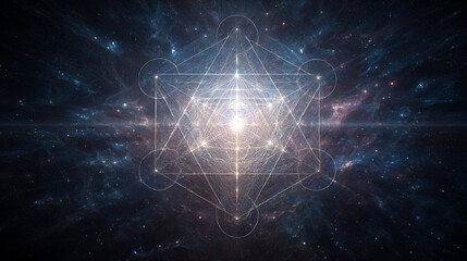Celestial Metatron's Cube. Geometric light pattern radiating in cosmic space