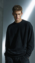 Contemplative in White. A young man in a white sweatshirt and pants leans against a wall,