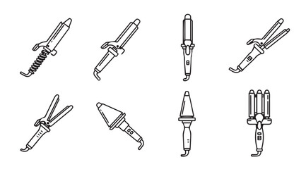 Naklejka premium Collection of various curling irons and hair styling tools in sketch style vector