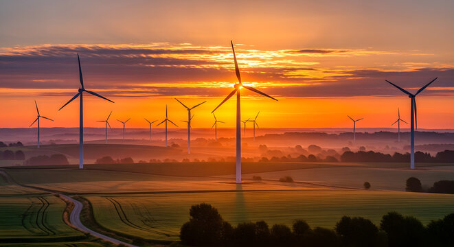 Golden hour sunrise over a misty field dotted with wind turbines, symbolizing renewable energy and environmental sustainability - Powered by Adobe