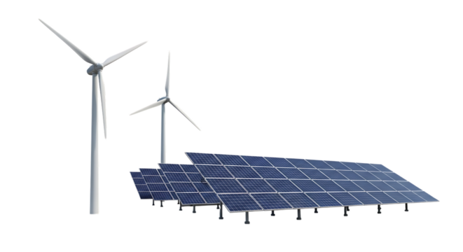 Two white wind turbines and a row of blue solar panels, isolated on white or transparent background. PNG - Powered by Adobe