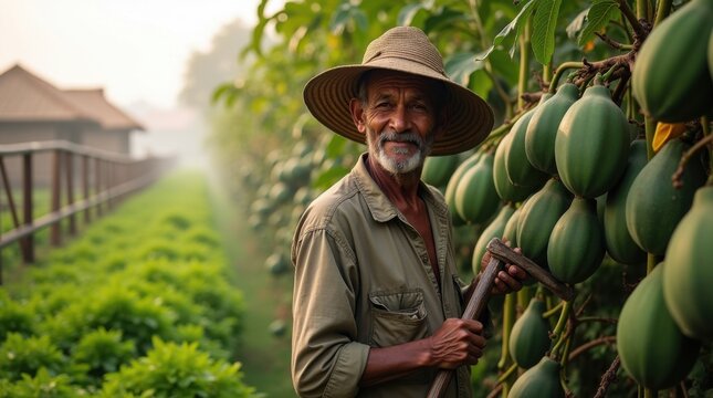 Agricultor cosechando papayas de plantas altas con una podadora, tierras de cultivo verdes y exuberantes, niebla matutina, entorno rural tradicional