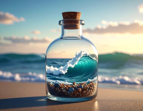 Ocean Wave in a Bottle: A mesmerizing ocean wave, captured within a glass bottle, encapsulates the vastness of the sea, with a cork stopper. It stands gracefully on a sandy shore.