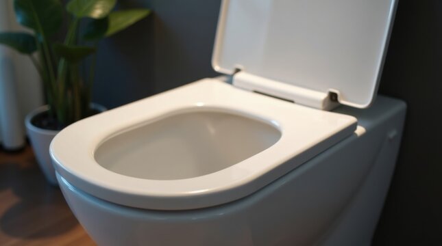 Inodoro de cer&aacute;mica moderno con el asiento levantado, que muestra un interior impecable
