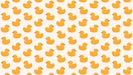 A full frame seamless pattern vector of cute yellow rubber ducks, perfect for children's backgrounds, textiles, and bath themes. Kawaii repeating texture, high quality illustration for stock
