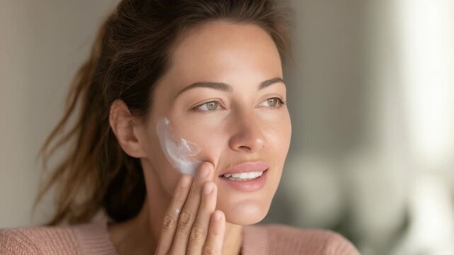 Smiling woman applying moisturizing cream to her face in the morning, enjoying her daily skincare routine. Natural beauty and healthy skin concept for self care and wellness inspiration