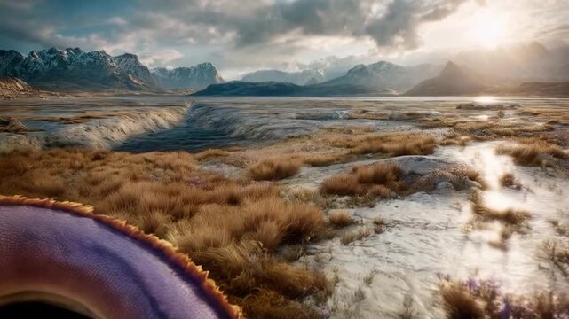 A Fantasy Dragon Creature in a Serene Landscape, captured in High Definition Slow Motion