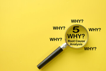 A lean management and Kaizen tool for continuous improvement.The 5 Whys methodology is shown under a magnifying glass,representing a strategy for quality control and process optimization in business.