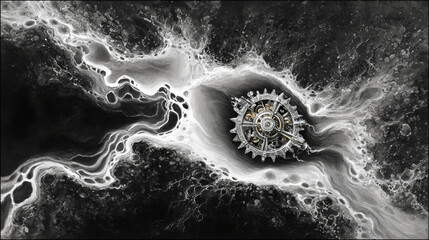 Intricate gear and spiral form captivating abstract texture. Monochrome pattern evokes mysterious energy. Dynamic background design creating