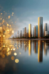 Modern city skyline and tall building reflection on water. Golden light glow creates hopeful, vibrant business vision for future