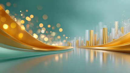 Abstract business vision glowing with golden and teal colors, reflecting modern corporate luxury future, evoking feelings of prosperity