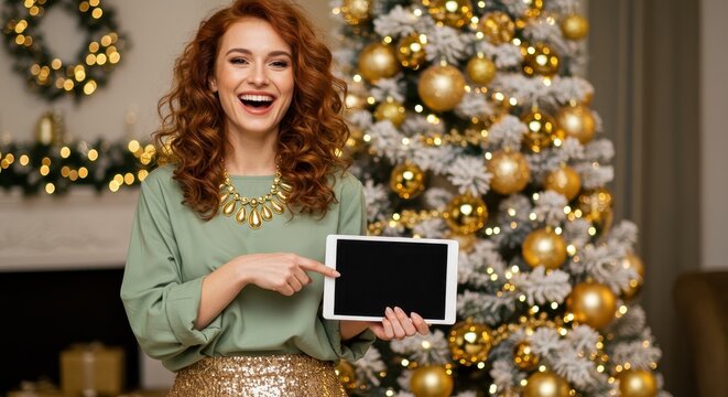 Cheerful woman pointing at blank tablet screen with festive Christmas tree background