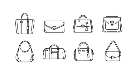 Collection of eight handbag styles and purse silhouettes simple line art fashion accessories vector