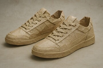 Origami paper sneakers crafted from folded brown paper