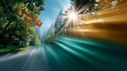 Bright dynamic light generates motion blur on winding road through vibrant forest. Abstract sunburst gradients evoke an energetic, joyful journey