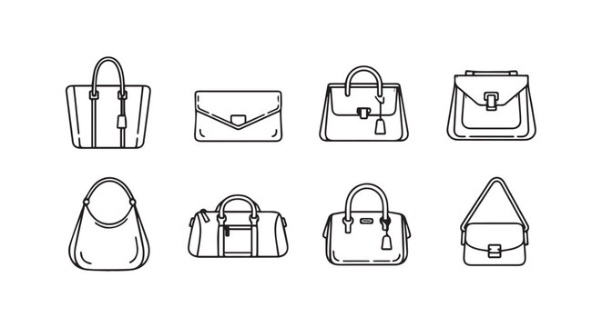 Collection of eight handbag styles and purse silhouettes simple line art fashion accessories vector