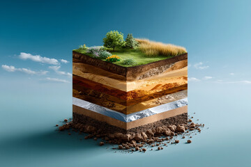 Infographic cube displays various earth soil layers, cross section showcasing geology and underground structure. Essential for foundation analysis