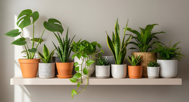 A beautifully arranged collection of various houseplants on a white shelf against a neutral wall