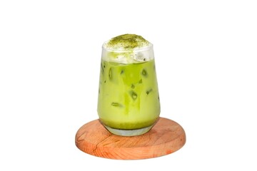 Ice matcha latte ready for drink , served on wooden plates.