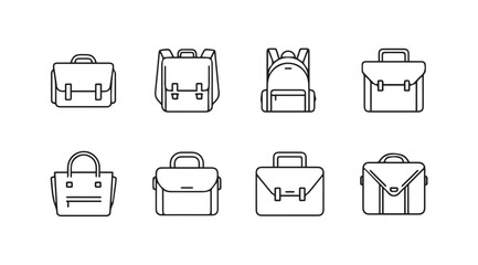 Collection of diverse business briefcases and backpacks in hand-drawn line art style vector