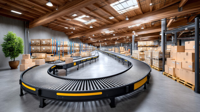 Logistics storage solutions warehouse conveyor system with stacked cardboard boxes and organized shelving creating efficient distribution flow - Powered by Adobe