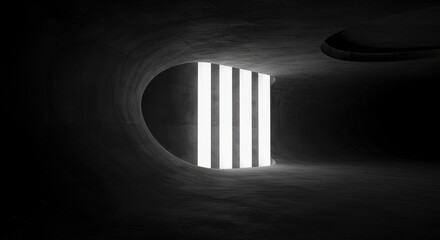 Dark abstract concrete tunnel with vertical light strips design