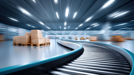 Logistics storage solutions conveyor warehouse packages boxes pallet automation distribution center efficient workflow fast motion lighting