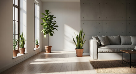 Fototapeta premium Sunlit modern living room interior with a concrete wall and lush green houseplants creating a serene urban oasis