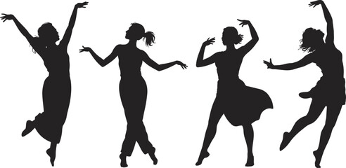 Set of four black silhouettes of dancers in dynamic poses, ideal for motion, elegance, performance, and artistic design themes