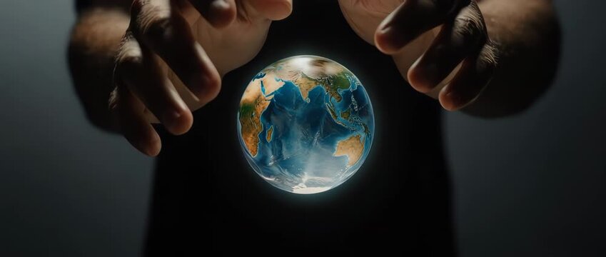 A symbolic animation of hands protecting a small, fragile glass Earth. Represents the need to care for our delicate planet. A powerful concept for Earth Day.
