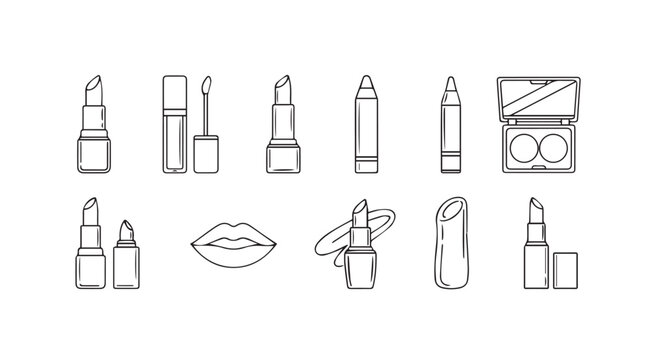 Artistic sketch set of makeup products including lipsticks and eye shadow for beauty cosmetics advertising vector - Powered by Adobe