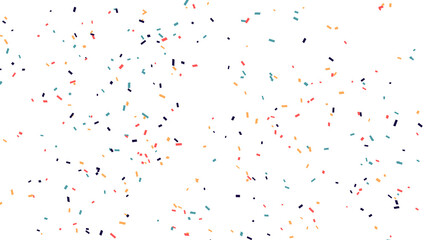 Colorful confetti pieces scattered across a white backdrop create festive atmosphere